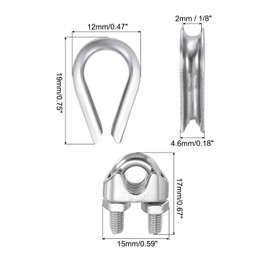 PATIKIL Wire Rope Accessory Set, 304 Stainless Steel 12 Pcs Cable Clip Clamp 10 Pcs Thimble for 2mm/1/8" Cable Rope