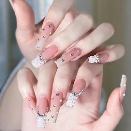 BABALAL Coffin Press on Nails Long Fake Nails White Glue ons Nails Pearl Rhinestone Design Luxury Acrylic Nails 24Pcs Ballerina False Nails Full Cover Manicure Stick on Gel Nails