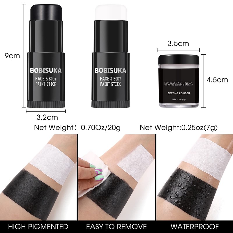 BOBISUKA Black White Face Paint Stick with Setting Powder Set,