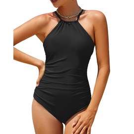 Holipick Women High Neck One Piece Swimsuit Tummy Control Bathing Suit for Teens Girls Criss Cross Swimwear Black