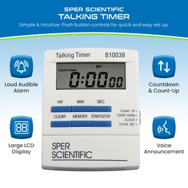 Sper Scientific Talking Timer with Audible Countdown Voice Announcements 810038 - Large LCD Display, Hands-Free Timer with Loud Alarm & Memory Recall - Perfect for Cooking, Labs, Fitness & more - 2 pc