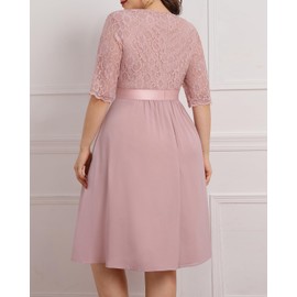 Plus Size Pink Dresses Women Cocktail Wedding Guest Semi-Formal Dusty Rose Bridesmaid Party Wrap V Neck Lace Chiffon Dress
