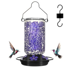 Glass Hummingbird Feeder,Purple Hummingbird Feeders for Outdoors Hanging, 19 Ounces, Mosaic Bottle Easy to Clean, 5 Feeding Ports, Ant Moat Included