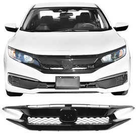 IKON MOTORSPORTS, Front Grille Compatible With 2019-2021 Honda Civic, Type R Style Gloss Black Front Bumper Grille Mesh Hood Guards with Eyebrows Pair, 2020