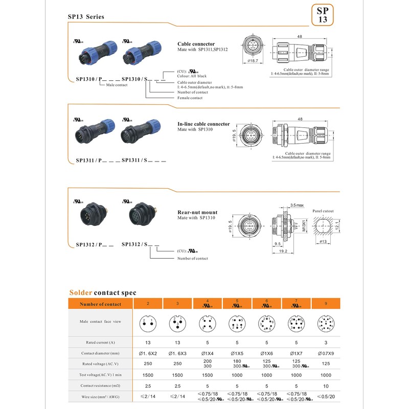 HangTon SP13 2 Pin Waterproof Electrical Connector, Male Female Cable