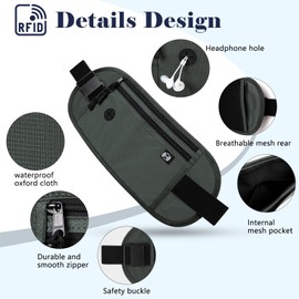 Sofore Hidden Traveling Bumbag Moneybelt Wallet for Women Men,Passport Money Belt Waist Belt with RFID Blocking Technology,Waist Travel Wallet for Passport Holder Cash Phone,Grey
