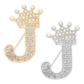 PATIKIL Letter Brooch Pins, 2 Pcs Crown Initial Rhinestone Alphabet J Letter Lapel Badges Pin for Women Suits Dress Coat Clothes Craft, Gold/Silver Tone