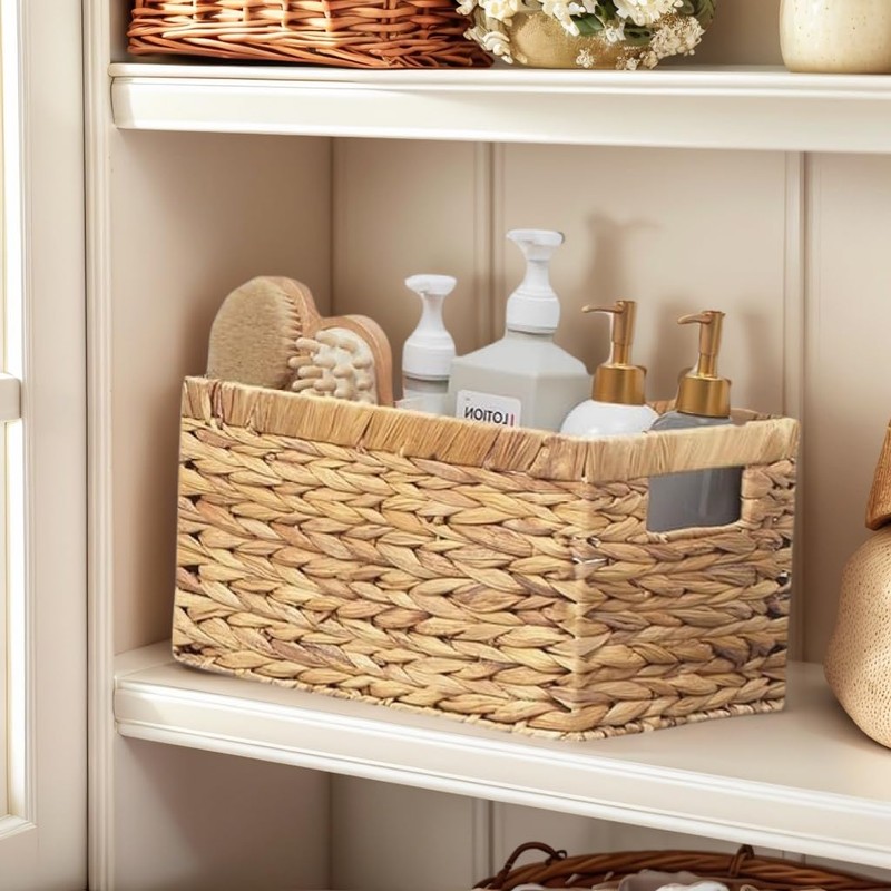 Set of 4 Water Hyacinth Storage Baskets, Handwoven Wicker Bins