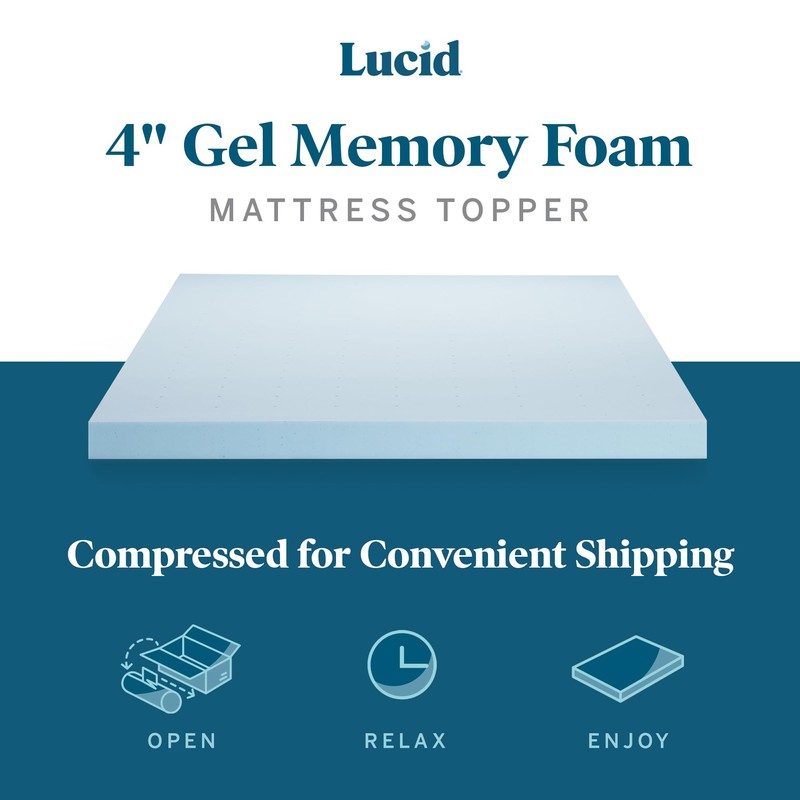 LUCID 4 Inch Gel Memory Foam Mattress Topper-Ventilated Design-Ultra Plush-Queen