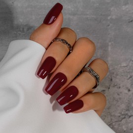 KQueenest Dark Red Press On Nails Medium Long Square - Acrylic Press On Nails with Glue, Coffin Fake Nails Press ons, Glossy Opaque Burgundy, Reusable Soft Gel Glue on Nails for Manicure Gift, 24 Pcs