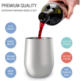 CHILLOUT LIFE 12 oz Stainless Steel Wine Tumblers 2 Pack & 1 Insulated Wine Bottle - Double Wall Vacuum Insulated Wine Glasses Cups with Lids and Straws Set Keeping Cold & Hot Gift Set