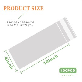 Voikinfo 100 pcs 4" x 10" Long Clear Resealable Cellophane Bags Self Sealing Treat Bags Cookie Bags with Adhesive Flap Gift Wrap Poly Bags Plastic Packaging 1.4 mil