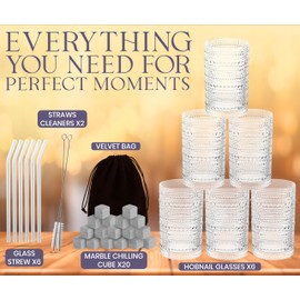 Florvani 12 Oz Hobnail Drinking Glasses Set of 6 - Clear Multipurpose Glassware Sets, Decorative Glasses Drinking Set for Bar, Kitchen, Cocktail Glassware - w/Straws, Brushes, Ice Cubes, & Cloth Bag