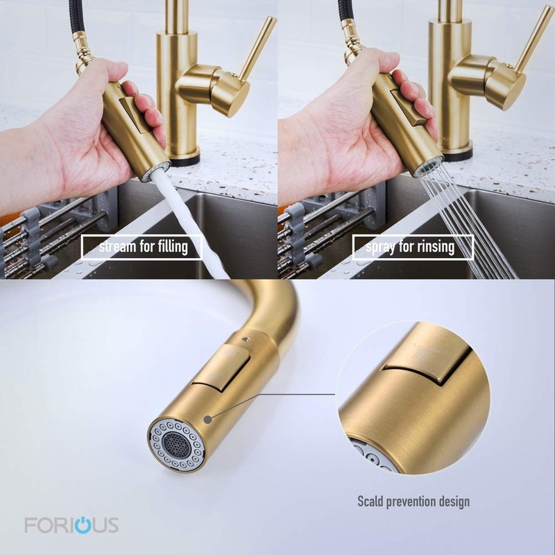 FORIOUS Gold Kitchen Faucet with Pull Down Sprayer, Kitchen Faucet