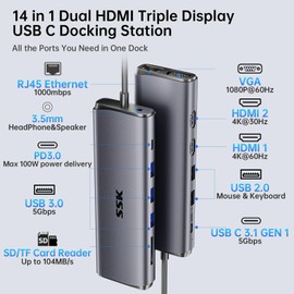 SSK USB C Laptop Docking Station Dual Monitor,14 in 1 USB C Hub Multiport Adapter with 2 HDMI,VGA,RJ45 Ethernet,5 USBA,1 USB C 3.1 Data Port, SD/TF,PD3.0, for Thunderbolt MacBook Pro Lenovo Dell HP