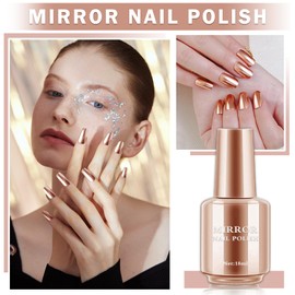 QIUFSSE Mirror Nail Polish Metallic Nail Polish Long Lasting Mirror Effect Nail Polish Quick Dry Chrome Nail Polish for DIY and Professional Nail Art (18ML, Champagne Gold)