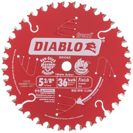 Diablo Finish Trim Saw Blade - Ideal for Portable and Low Powered Saws - 5-3/8" Diameter, 36 ATB Teeth, 10mm Arbor, .049" Kerf, 2� Hook Angle, 12000 Max RPM - D0536X