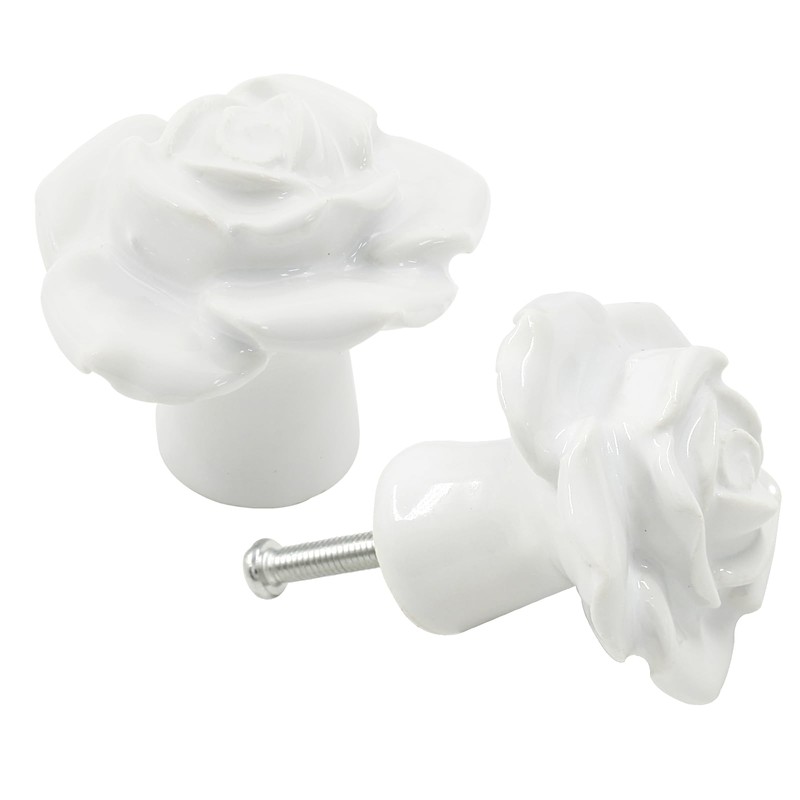 Bonsicoky 2 Pcs White Rose Drawer Pulls, Ceramic Flower Knobs