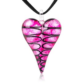CHUVORA Hand Blown Glass Pink With Black Curve Line Long Heart Shaped Pendant Necklace, 18 inches