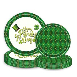 32 Pcs St. Patrick's Day Paper Plates Irish Green Plaid Shamrock Round Disposable Plates Dinnerware Lucky Clover Decorative Dessert Dinner Plate for Irish Holiday Party Decorations Supplies (7"& 9")