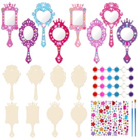 Juexica 8 Sets Wooden Mirror Craft Kit, Girls DIY Princess Hand Mirror