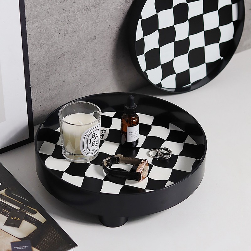 Round Storage Organizer Tray Checkerboard Design Plate Container Tray for