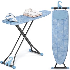 KINGBOARD Ironing Board, Compact Iron Board with Silicon Iron Mat, Heat Resistant Cover, 7 Height Adjustable, Foldable Ironing Board Wall Mount Hanger, 13x43 Blue
