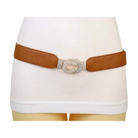 Women’s Brown Skinny Fashion Belt – Elastic Waistband Gold Knot Rhinestone Buckle – High Waist Hip Fit – Adjustable Size S-M WB8