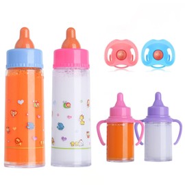 JINJUMEI 4 Stück Puppenflasche Mit Milch und 2 Stück Puppenschnuller, Magische Flasche mit verschwundenem Milch oder Saft, Simulation Puppenzubehör für Babypuppen, Spielpuppen