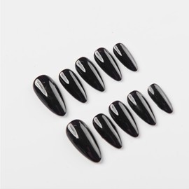 Handpainted Basic Solid Colour Almond Press-on Nails, Summer Nails, Solid Color Nails, Press-on Nails for Birthday, Event, Prom, Party (Black, M)