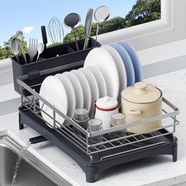 DLDSHI Stainless Steel Kitchen Counter Dish Drying Rack with Drainer and Cutlery Holder, 16.5" D x 11.8" W x 6.29" H