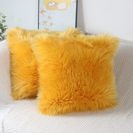 OYIMUA Fluffy Decorative Throw Pillow Covers 18x18, Faux Fur Farmhouse Luxury Pillow Cases,Soft Plush Fuzzy Autumn Yellow Cushion Covers for Sofa Couch Living Room Bedroom Set of 2
