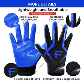 FINGER TEN American Football Gloves Youth Kids Ultra Tack Sticky Non-Slip Palm Receivers, Rugby Gloves for Boys Girls Flexible Stretch Protection Fit Children Age 5-14 (Blue, Small)