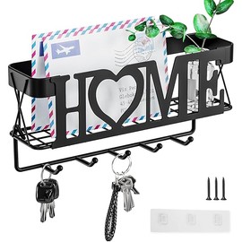 Key Holder for Wall - Key Rack with 5 Key Hooks, 11.02" L×2.75" W×4.92" H, Key and Mail Organizer Wall Mount with Mesh Basket, Key Hanger for Wall, Entryway, Home Decor(Matte Black)