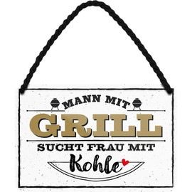 schilderkreis24 Tin Signs Collection 18 x 12 cm - Funny Barbecue Sayings: BBQ Decoration & Gift Ideas for Barbecue Fans (Man with Grill is looking for Woman)