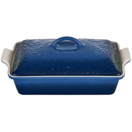 Le Creuset Olive Branch Collection Stoneware Heritage Covered Rectangular Casserole, 4 qt., Marseille with Embossed Lid
