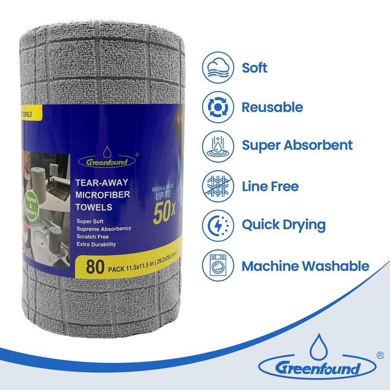 Greenfound Microfiber Cleaning Cloth Roll -80 Pack,Tear Away Towels for