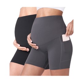 POSHDIVAH Pantalones Cortos de Yoga de Maternidad para Mujer sobre el Vientre, Pantalones Cortos de Verano para Correr, con Bolsillos, 5 Pulgadas / 8 Pulgadas, Negro + Gris 5", S