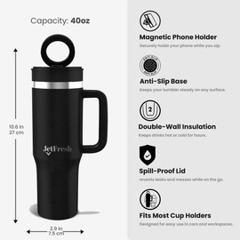 JetFresh 40 oz Tumbler with Handle and Straw Magnetic Phone Holder Tripod Lid Perfect for Car Phone Holder - Insulated Stainless Steel Leak Proof Spill Proof Water Tumbler for Men and Women Cup
