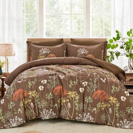 Yiran Brown Comforter Set Queen Size, 7 Piece Floral Dandelion Comforter Bedding Set, Botanical Bed in a Bag Queen, Soft Microfiber Complete Bedding Set with Sheets for All Season