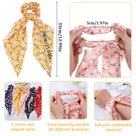 6 Pcs Satin Hair Ribbons for Women Floral Hair Scarf with Bow Elastic Hair Bands Bobbles Floral Bowknot Hair Ties Scrunchies Long Ribbon Ponytail Holders Colorful Dot Accessories for Girls