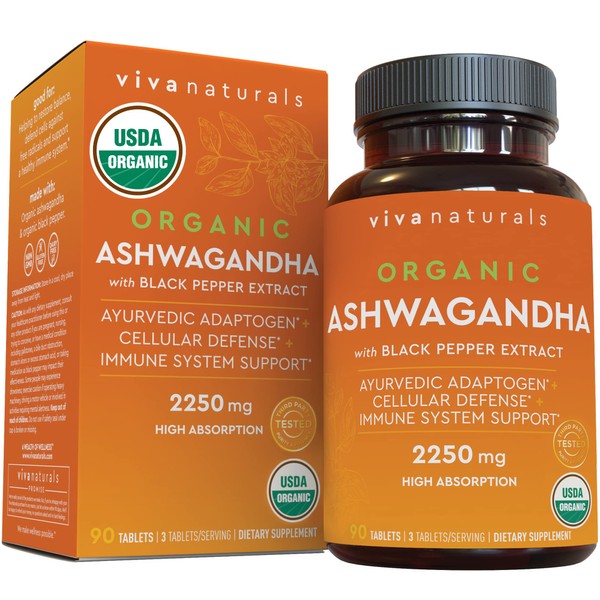 Organic Ashwagandha Supplement with Black Pepper - Includes 2250 mg Ashwagandha Root Powder & Organic Black Pepper for Superior Absorption (90 Tablets),  Antioxidant & Immune Support