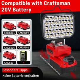 Work Light for Craftsman V20 Battery,84W 6800LM Portable Cordless Floodlight with USB&Type C Fast Charging Port for Makita Tools,LED Spotlight for Camping,Fishing,Workshop