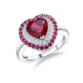 RANDES Ruby Rings for Women Heart Promise Ring 925 Sterling Silver Diamond Engagement Rings 3-Row Red Gemstone Ring Size 6