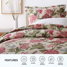 ENJOHOS Queen Size 3 Piece Quilt Set Reversible Fabric Bed Coverlet with Red Flower Green Leaves Prints 100% Cotton Quilted Bedspread Bedding Sets for Queen Beds