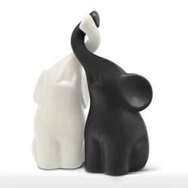 OwMell Set of 2 Loving Elephant Statue Figurine, 6" Elephant Ring Holder, Gifts for Couples Home Lucky Decor - Matte Black