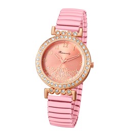 JewelryWe Cubic Zirconia Elastic Watches: Easy Reader Round Analog Quartz Colorful Stretch Band Wristwatch
