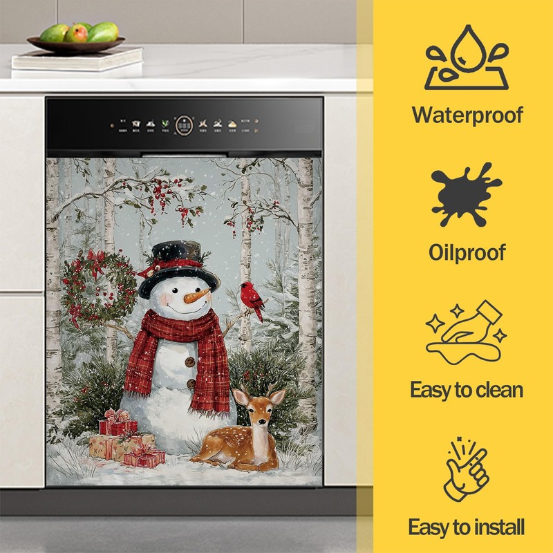 Snowman Dishwasher Magnet Cover,Winter Scene Kitchen Decor Waterproof Refrigerator Magnet