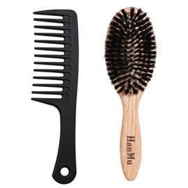 HANMU Natural Oak-100% Soft Boar Bristle Hair Brush & Plastic Wide-Tooth Comb Set, For Women Men & Kids, Soft Bristles for All Hair Types, Detangles, Smooths, Adds Shine & Nourishes Scalp