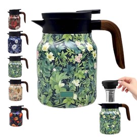 Vintage Floral Pattern Tea Thermos,Vintage Floral Pattern Tea Thermos Built-in Infuser Stainless Steel Thermal Carafe with Lid for Hot Drinks(Wooden handle,35oz)